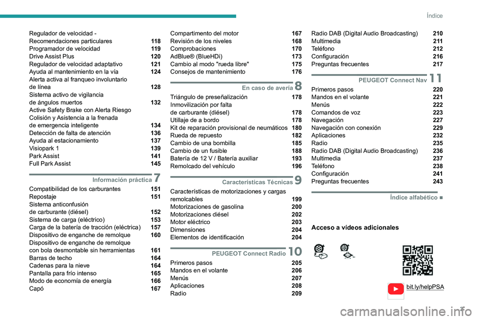 PEUGEOT 2008 2020 Manual del propietario (in Spanish) 3
Índice
bit.ly/helpPSA
Regulador de velocidad -
Recomendaciones particulares 11 8
Programador de velocidad 11 9
Drive Assist Plus 120
Regulador de velocidad adaptativo 121
Ayuda PEUGEOT 2008 2020 Manual del propietario (in Spanish) 3
Índice
bit.ly/helpPSA
Regulador de velocidad -
Recomendaciones particulares 11 8
Programador de velocidad 11 9
Drive Assist Plus 120
Regulador de velocidad adaptativo 121
Ayuda