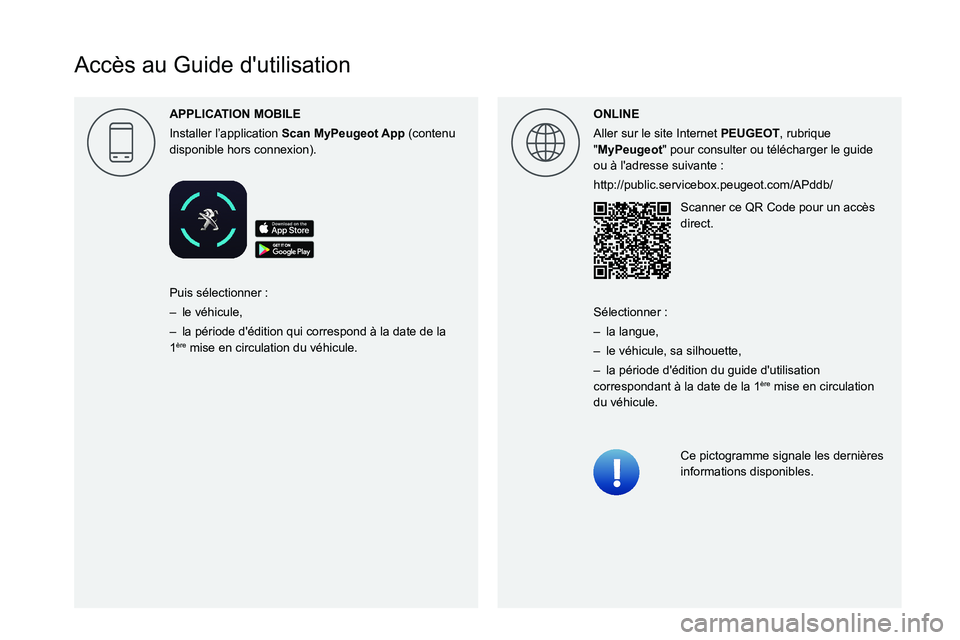PEUGEOT 2008 2020  Manuel du propriétaire (in French)  
  
 
 
 
 
 
 
   
Accès au Guide d'utilisation
APPLICA
Installer l’application Scan  (contenu 
disponible hors connexion). ONLINE
Aller sur le site Internet PEUGEOT, rubrique 
"MyPeugeot