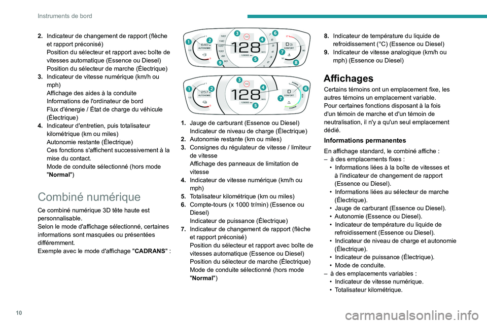 PEUGEOT 2008 2020  Manuel du propriétaire (in French) 10
Instruments de bord
2.Indicateur de changement de rapport (flèche 
et rapport préconisé)
Position du sélecteur et rapport avec boîte de 
vitesses automatique (Essence ou Diesel)
Position du s