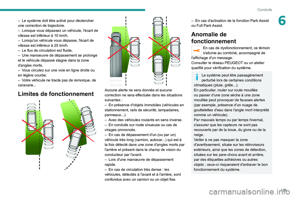 PEUGEOT 2008 2020 Manuel du propriétaire (in French) 129
Conduite
6– Le système doit être activé pour déclencher
une correction de trajectoire.
–
Lorsque vous dépassez un véhicule, l'écart de
vitesse est inférieur à 10
km/h.
–
PEUGEOT 2008 2020 Manuel du propriétaire (in French) 129
Conduite
6– Le système doit être activé pour déclencher
une correction de trajectoire.
–
Lorsque vous dépassez un véhicule, l'écart de
vitesse est inférieur à 10
km/h.
–