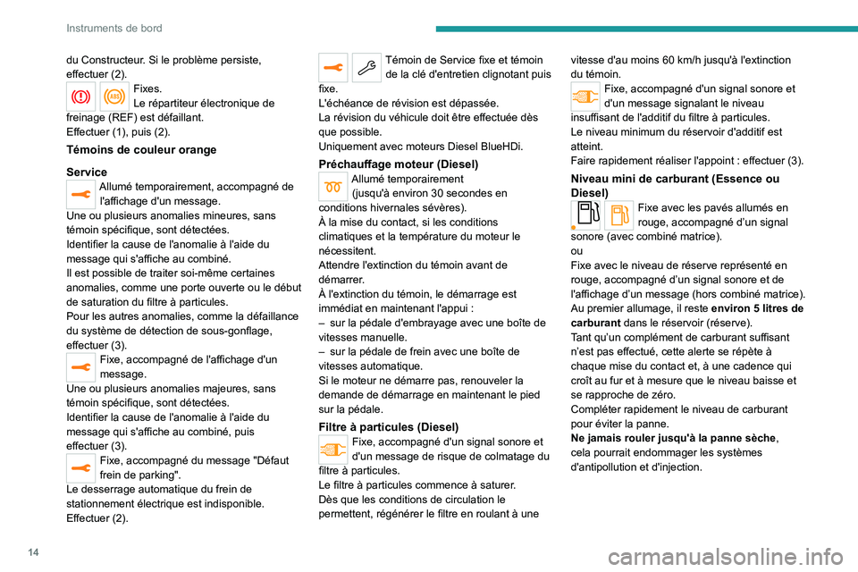 PEUGEOT 2008 2020  Manuel du propriétaire (in French) 14
Instruments de bord
du Constructeur. Si le problème persiste, 
effectuer  (2).
Fixes.
Le répartiteur électronique de 
freinage
 
(REF) est défaillant.
Effectuer (1), puis
  (2).
Témoins de cou