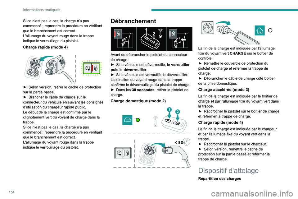 PEUGEOT 2008 2020 Manuel du propriétaire (in French) 154
Informations pratiques
Si ce n’est pas le cas, la charge n’a pas
commencé ; reprendre la procédure en vérifiant
que le branchement est correct.
L'allumage du voyant rouge dans la tra PEUGEOT 2008 2020 Manuel du propriétaire (in French) 154
Informations pratiques
Si ce n’est pas le cas, la charge n’a pas
commencé ; reprendre la procédure en vérifiant
que le branchement est correct.
L'allumage du voyant rouge dans la tra