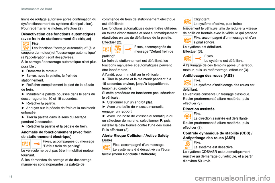 PEUGEOT 2008 2020  Manuel du propriétaire (in French) 16
Instruments de bord
limite de roulage autorisée après confirmation du 
dysfonctionnement du système d'antipollution).
Pour redémarrer le moteur, effectuer  (2).
Désactivation des fonctions