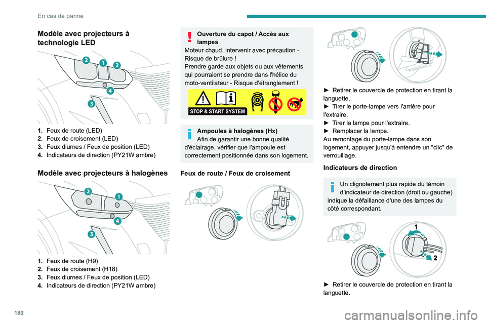 PEUGEOT 2008 2020 Manuel du propriétaire (in French) 180
En cas de panne
Modèle avec projecteurs à
technologie LED
1.Feux de route (LED)
2. Feux de croisement (LED)
3. Feux diurnes
/ Feux de position (LED)
4. Indicateurs de direction (PY21W amb PEUGEOT 2008 2020 Manuel du propriétaire (in French) 180
En cas de panne
Modèle avec projecteurs à
technologie LED
1.Feux de route (LED)
2. Feux de croisement (LED)
3. Feux diurnes
/ Feux de position (LED)
4. Indicateurs de direction (PY21W amb