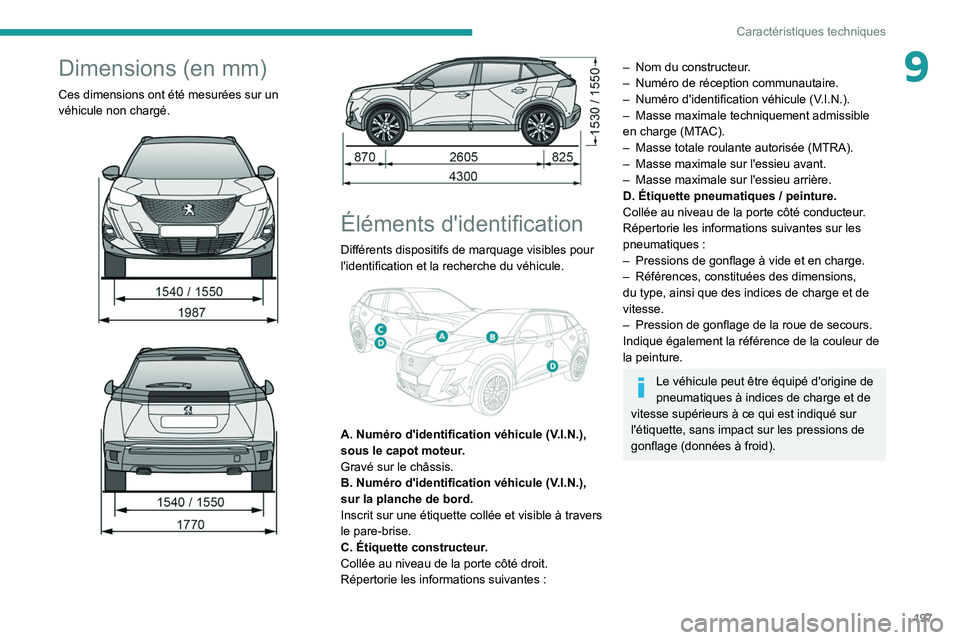 PEUGEOT 2008 2020 Manuel du propriétaire (in French) 197
Caractéristiques techniques
9Dimensions (en mm)
Ces dimensions ont été mesurées sur un
véhicule non chargé.
Éléments d'identification
Différents dispositifs de marquage PEUGEOT 2008 2020 Manuel du propriétaire (in French) 197
Caractéristiques techniques
9Dimensions (en mm)
Ces dimensions ont été mesurées sur un
véhicule non chargé.
Éléments d'identification
Différents dispositifs de marquage