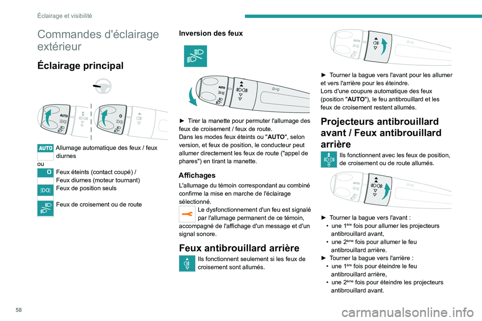 PEUGEOT 2008 2020 Manuel du propriétaire (in French) 58
Éclairage et visibilité
Commandes d'éclairage
extérieur
Éclairage principal
Allumage automatique des feux / feux
diurnes
ou
Feux éteints (contact coupé) /
Feux diurnes (moteur t PEUGEOT 2008 2020 Manuel du propriétaire (in French) 58
Éclairage et visibilité
Commandes d'éclairage
extérieur
Éclairage principal
Allumage automatique des feux / feux
diurnes
ou
Feux éteints (contact coupé) /
Feux diurnes (moteur t