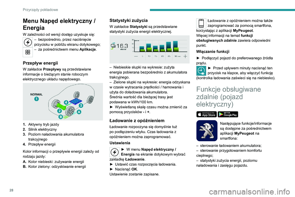 PEUGEOT 2008 2020 Instrukcja obsługi (in Polish) 28
Przyrządy pokładowe
Menu Napęd elektryczny /
Energia
W zależności od wersji dostęp uzyskuje się:– bezpośrednio, przez naciśnięcie przycisku w pobliżu ekranu dotykowego;– za pośredn PEUGEOT 2008 2020 Instrukcja obsługi (in Polish) 28
Przyrządy pokładowe
Menu Napęd elektryczny /
Energia
W zależności od wersji dostęp uzyskuje się:– bezpośrednio, przez naciśnięcie przycisku w pobliżu ekranu dotykowego;– za pośredn