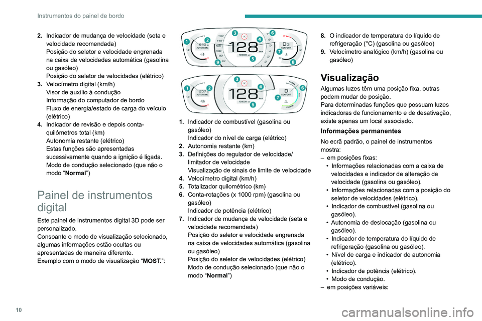 PEUGEOT 2008 2020 Manual de utilização (in Portuguese) 10
Instrumentos do painel de bordo
• Velocímetro digital.• Conta-quilómetros total.• As mensagens de estado ou de alerta são apresentadas temporariamente.
Informações opcionais
Em função PEUGEOT 2008 2020 Manual de utilização (in Portuguese) 10
Instrumentos do painel de bordo
• Velocímetro digital.• Conta-quilómetros total.• As mensagens de estado ou de alerta são apresentadas temporariamente.
Informações opcionais
Em função