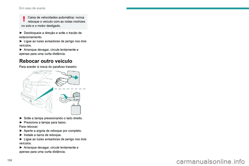 PEUGEOT 2008 2020  Manual de utilização (in Portuguese) 198
Em caso de avaria
Caixa de velocidades automática: nunca 
reboque o veículo com as rodas motrizes 
no solo e o motor desligado.
► Desbloqueie a direção e solte o travão de estacionamento.