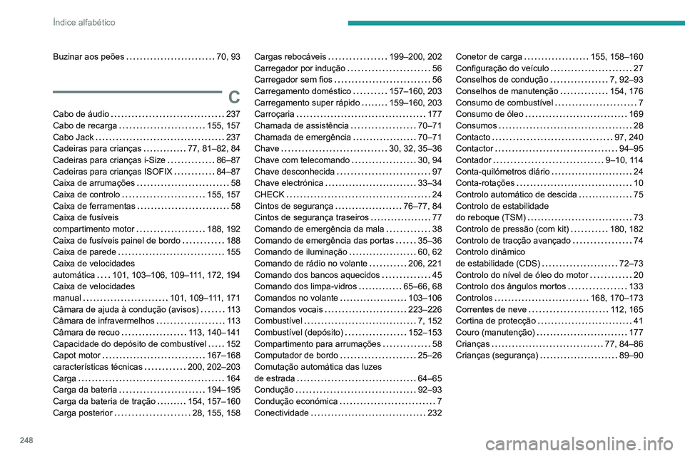PEUGEOT 2008 2020  Manual de utilização (in Portuguese) 248
Índice alfabético
Buzinar aos peões   70, 93
C
Cabo de áudio   237Cabo de recarga   155, 157Cabo Jack   237Cadeiras para crianças   77, 81–82, 84
Cadeiras para crianças i-Size   86–87Cad