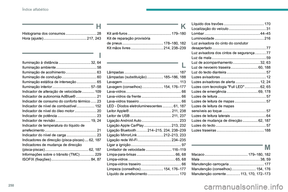 PEUGEOT 2008 2020  Manual de utilização (in Portuguese) 250
Índice alfabético
H
Histograma dos consumos   28Hora (ajuste)   217, 243
I
Iluminação à distância   32, 64
Iluminação ambiente   58Iluminação de acolhimento   63Iluminação de conduçã