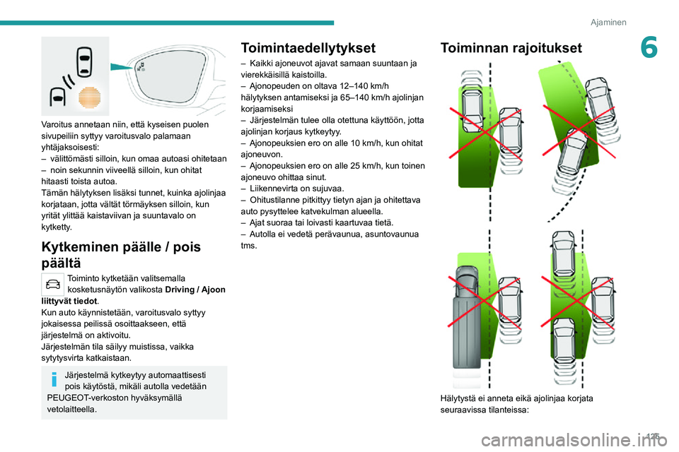 PEUGEOT 2008 2020  Omistajan Käsikirja (in Finnish) 125
Ajaminen
6
 
Varoitus annetaan niin, että kyseisen puolen 
sivupeiliin syttyy varoitusvalo palamaan 
yhtäjaksoisesti:
– välittömästi silloin, kun omaa autoasi ohitetaan– noin sekunnin vii