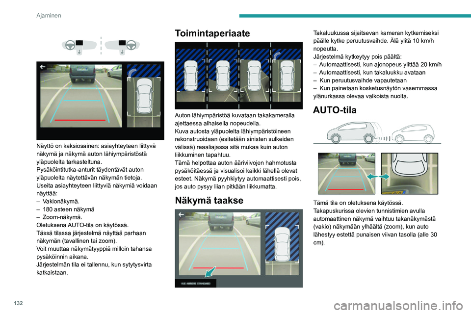 PEUGEOT 2008 2020  Omistajan Käsikirja (in Finnish) 132
Ajaminen
Vakionäkymä 
 
Auton takana oleva alue tulee näyttöön.
Auton ääriviivat 1 näkyvät sinisinä ja ne esittävät 
auton leveyden sivupeilit auki: niiden suunta 
vaihtuu ohjauspyör