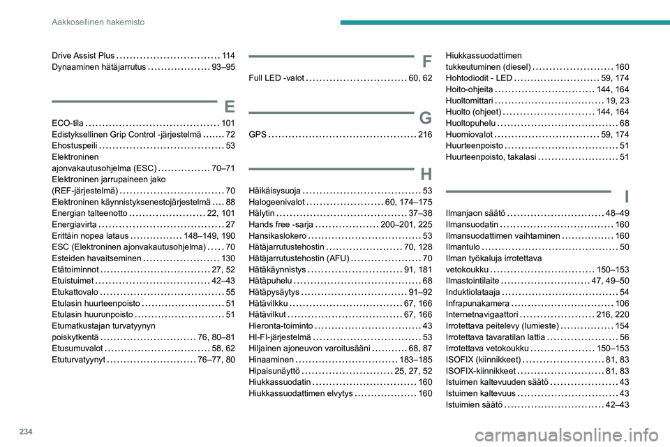 PEUGEOT 2008 2020  Omistajan Käsikirja (in Finnish) 234
Aakkosellinen hakemisto
Drive Assist  Plus   11 4Dynaaminen hätäjarrutus   93–95
E
ECO-tila   101Edistyksellinen Grip Control -järjestelmä   72Ehostuspeili   53
Elektroninen  ajonvakautu