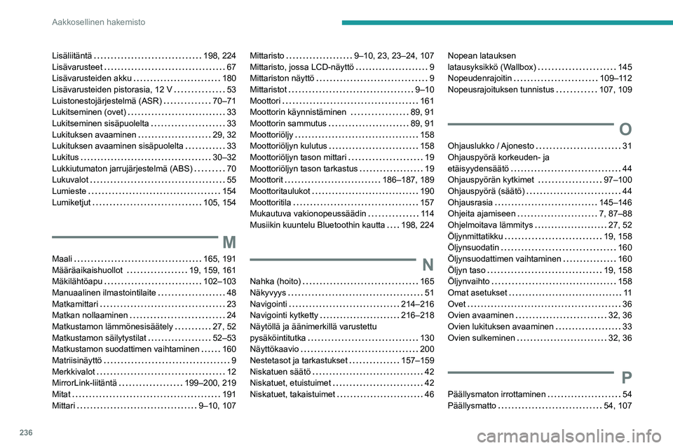 PEUGEOT 2008 2020  Omistajan Käsikirja (in Finnish) 236
Aakkosellinen hakemisto
Lisäliitäntä   198, 224Lisävarusteet   67Lisävarusteiden akku   180Lisävarusteiden pistorasia, 12 V   53Luistonestojärjestelmä (ASR)   70–71Lukitseminen (
