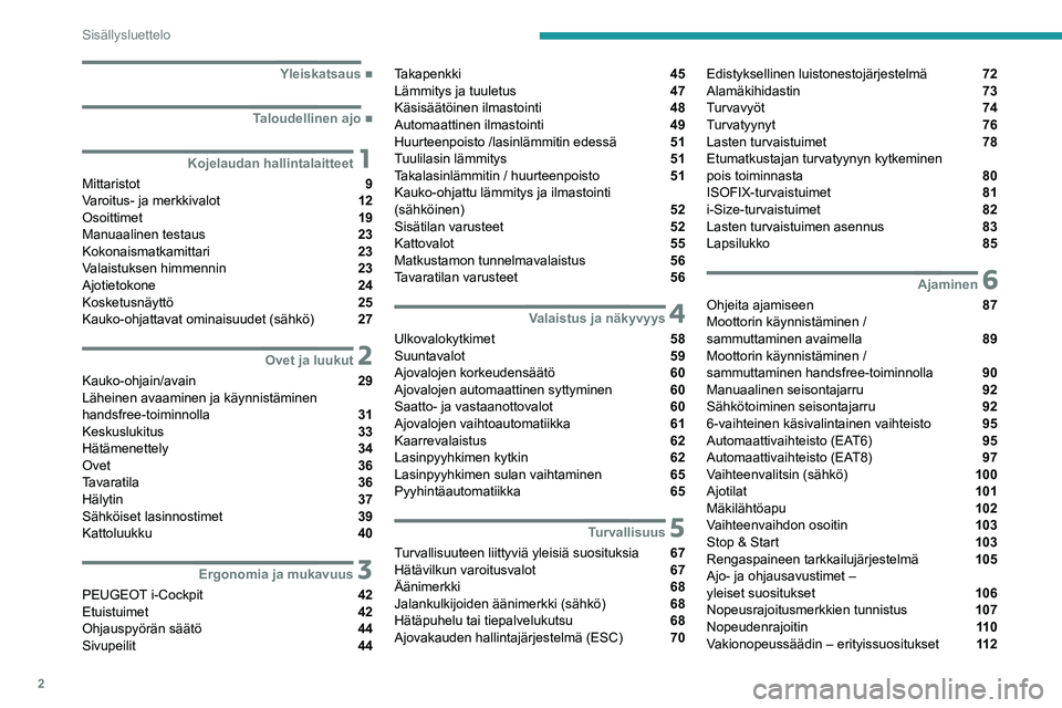PEUGEOT 2008 2020 Omistajan Käsikirja (in Finnish) 2
Sisällysluettelo
■
Yleiskatsaus
■
Taloudellinen ajo
1Kojelaudan hallintalaitteet
Mittaristot 9
Varoitus- ja merkkivalot 12
Osoittimet 19
Manuaalinen testaus 23
Kokonaism PEUGEOT 2008 2020 Omistajan Käsikirja (in Finnish) 2
Sisällysluettelo
■
Yleiskatsaus
■
Taloudellinen ajo
1Kojelaudan hallintalaitteet
Mittaristot 9
Varoitus- ja merkkivalot 12
Osoittimet 19
Manuaalinen testaus 23
Kokonaism
