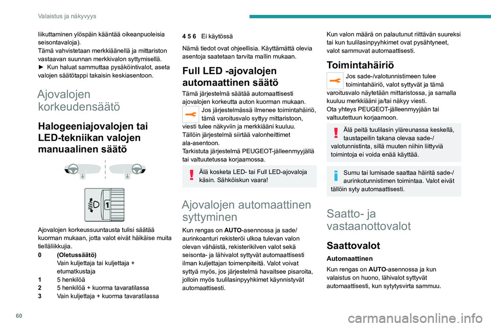 PEUGEOT 2008 2020  Omistajan Käsikirja (in Finnish) 60
Valaistus ja näkyvyys
liikuttaminen ylöspäin kääntää oikeanpuoleisia 
seisontavaloja).
Tämä vahvistetaan merkkiäänellä ja mittariston 
vastaavan suunnan merkkivalon syttymisellä.
►