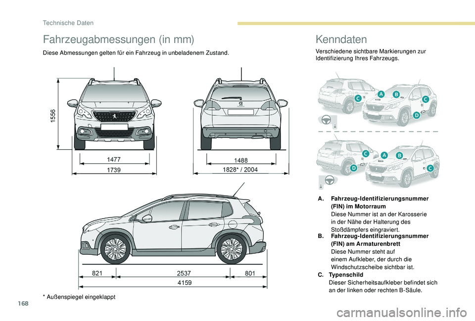 PEUGEOT 2008 2018  Betriebsanleitungen (in German) 168
Fahrzeugabmessungen (in mm)
Diese Abmessungen gelten für ein Fahrzeug in unbeladenem Zustand.
* Außenspiegel eingeklappt
Kenndaten
Verschiedene sichtbare Markierungen zur 
Identifizierung Ihres 