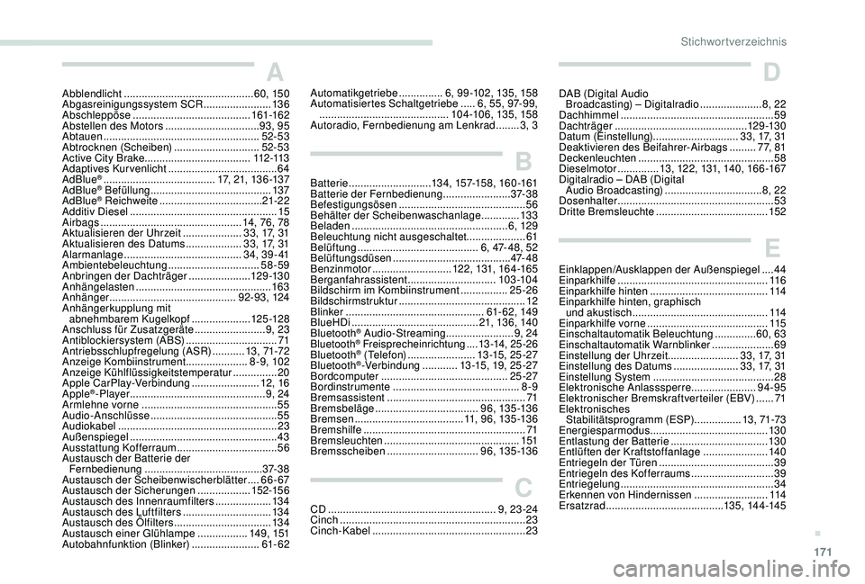 PEUGEOT 2008 2018 Betriebsanleitungen (in German) 171
A
Abblendlicht ............................................ 6 0, 15 0
Abgasreinigungssystem SCR .......................13 6
Abschleppöse
........................................ 161-162
Abste PEUGEOT 2008 2018 Betriebsanleitungen (in German) 171
A
Abblendlicht ............................................ 6 0, 15 0
Abgasreinigungssystem SCR .......................13 6
Abschleppöse
........................................ 161-162
Abste