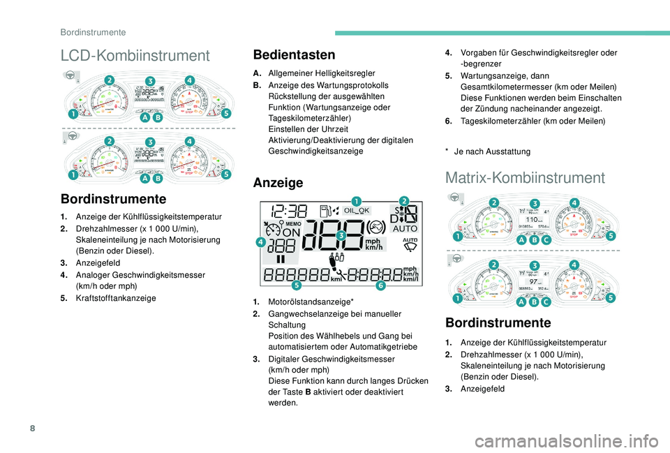 PEUGEOT 2008 2018 Betriebsanleitungen (in German) 8
LCD-Kombiinstrument
BordinstrumenteBedientasten
A.
Allgemeiner Helligkeitsregler
B. Anzeige des Wartungsprotokolls
Rückstellung der ausgewählten
Funktion (Wartungsanzeige oder
Tageskilometerzäh PEUGEOT 2008 2018 Betriebsanleitungen (in German) 8
LCD-Kombiinstrument
BordinstrumenteBedientasten
A.
Allgemeiner Helligkeitsregler
B. Anzeige des Wartungsprotokolls
Rückstellung der ausgewählten
Funktion (Wartungsanzeige oder
Tageskilometerzäh