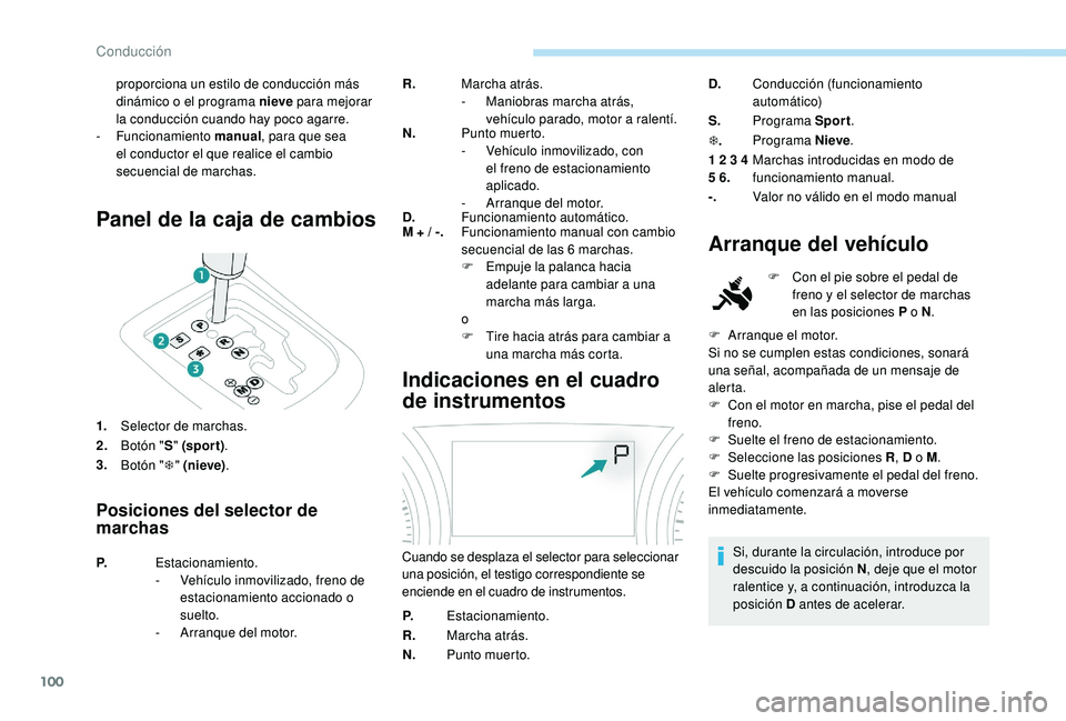 PEUGEOT 2008 2018 Manual del propietario (in Spanish) 100
Panel de la caja de cambios
1.Selector de marchas.
2. Botón " S" (spor t) .
3. Botón " T" (nieve) .
Posiciones del selector de
marchas
R. Marcha atrás.
-
M aniobras marcha atr PEUGEOT 2008 2018 Manual del propietario (in Spanish) 100
Panel de la caja de cambios
1.Selector de marchas.
2. Botón " S" (spor t) .
3. Botón " T" (nieve) .
Posiciones del selector de
marchas
R. Marcha atrás.
-
M aniobras marcha atr
