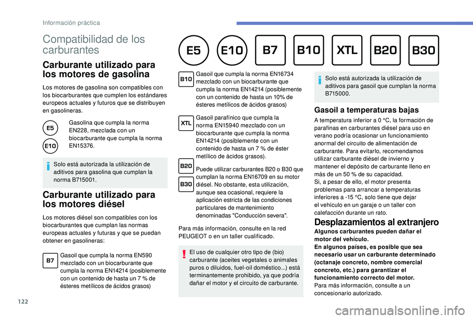 PEUGEOT 2008 2018 Manual del propietario (in Spanish) 122
Compatibilidad de los
carburantes
Carburante utilizado para
los motores de gasolina
Los motores de gasolina son compatibles con
los biocarburantes que cumplen los estándares
europeos ac PEUGEOT 2008 2018 Manual del propietario (in Spanish) 122
Compatibilidad de los
carburantes
Carburante utilizado para
los motores de gasolina
Los motores de gasolina son compatibles con
los biocarburantes que cumplen los estándares
europeos ac