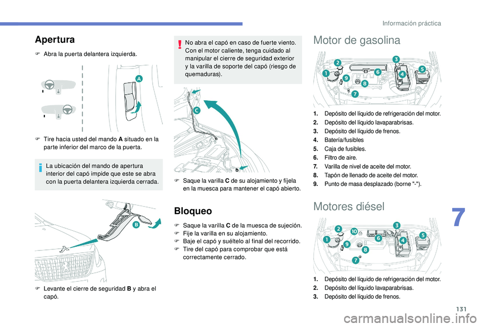 PEUGEOT 2008 2018 Manual del propietario (in Spanish) 131
Apertura
F Abra la puerta delantera izquierda.
F
T
ire hacia usted del mando A situado en la
parte inferior del marco de la puerta.
La ubicación del mando de apertura
interior del capó impid PEUGEOT 2008 2018 Manual del propietario (in Spanish) 131
Apertura
F Abra la puerta delantera izquierda.
F
T
ire hacia usted del mando A situado en la
parte inferior del marco de la puerta.
La ubicación del mando de apertura
interior del capó impid