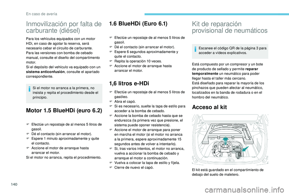 PEUGEOT 2008 2018 Manual del propietario (in Spanish) 140
Inmovilización por falta de
carburante (diésel)
Para los vehículos equipados con un motor
HDi, en caso de agotar la reser va, será
necesario cebar el circuito de carburante.
Para las versio PEUGEOT 2008 2018 Manual del propietario (in Spanish) 140
Inmovilización por falta de
carburante (diésel)
Para los vehículos equipados con un motor
HDi, en caso de agotar la reser va, será
necesario cebar el circuito de carburante.
Para las versio