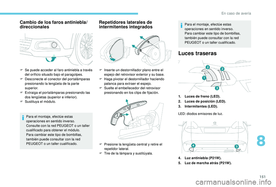PEUGEOT 2008 2018 Manual del propietario (in Spanish) 151
F Se puede acceder al faro antiniebla a través del orificio situado bajo el paragolpes.
F
D
esconecte el conector del portalámparas
presionando la lengüeta de la parte
superior.
F
E
xtr PEUGEOT 2008 2018 Manual del propietario (in Spanish) 151
F Se puede acceder al faro antiniebla a través del orificio situado bajo el paragolpes.
F
D
esconecte el conector del portalámparas
presionando la lengüeta de la parte
superior.
F
E
xtr