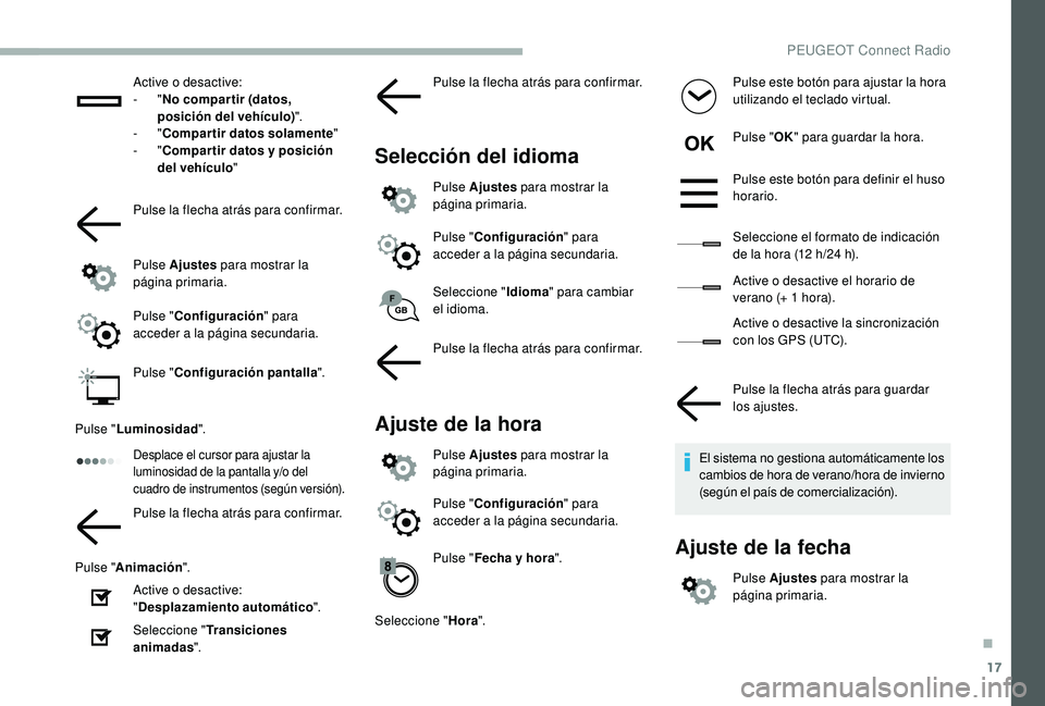 PEUGEOT 2008 2018 Manual del propietario (in Spanish) 17
Active o desactive:
- "No compar tir (datos,
posición del vehículo) ".
-
"Compartir datos solamente "
-
"Compartir datos y posición
del vehículo "
Pulse la flecha PEUGEOT 2008 2018 Manual del propietario (in Spanish) 17
Active o desactive:
- "No compar tir (datos,
posición del vehículo) ".
-
"Compartir datos solamente "
-
"Compartir datos y posición
del vehículo "
Pulse la flecha