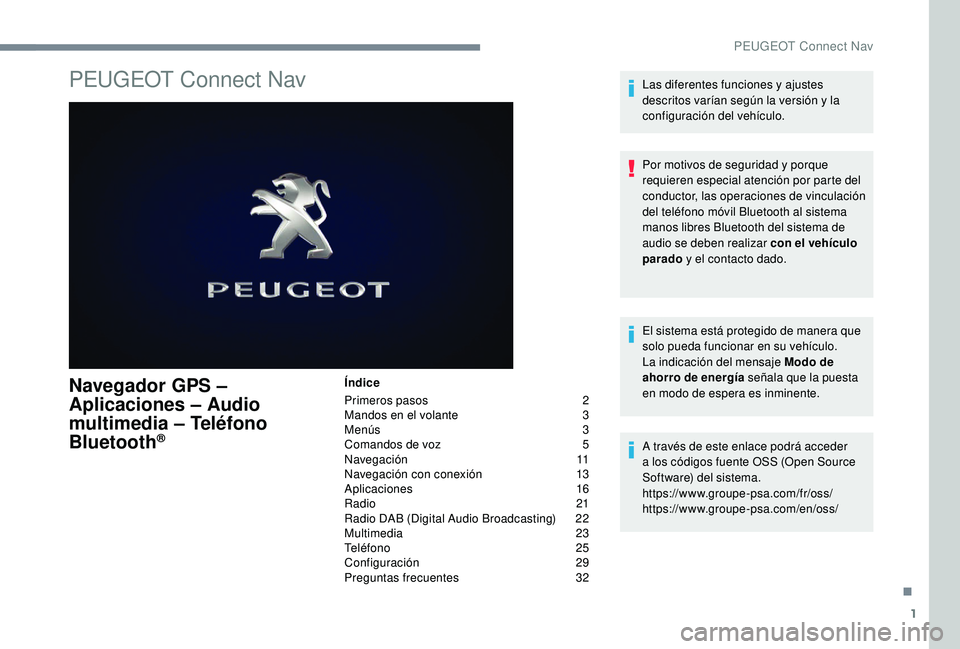 PEUGEOT 2008 2018 Manual del propietario (in Spanish) 1
PEUGEOT Connect Nav
Navegador GPS –
Aplicaciones – Audio
multimedia – Teléfono
Bluetooth
®
Índice
Primeros pasos
2
M
andos en el volante
3
M
enús
3
C
omandos de voz
5
N
a PEUGEOT 2008 2018 Manual del propietario (in Spanish) 1
PEUGEOT Connect Nav
Navegador GPS –
Aplicaciones – Audio
multimedia – Teléfono
Bluetooth
®
Índice
Primeros pasos
2
M
andos en el volante
3
M
enús
3
C
omandos de voz
5
N
a