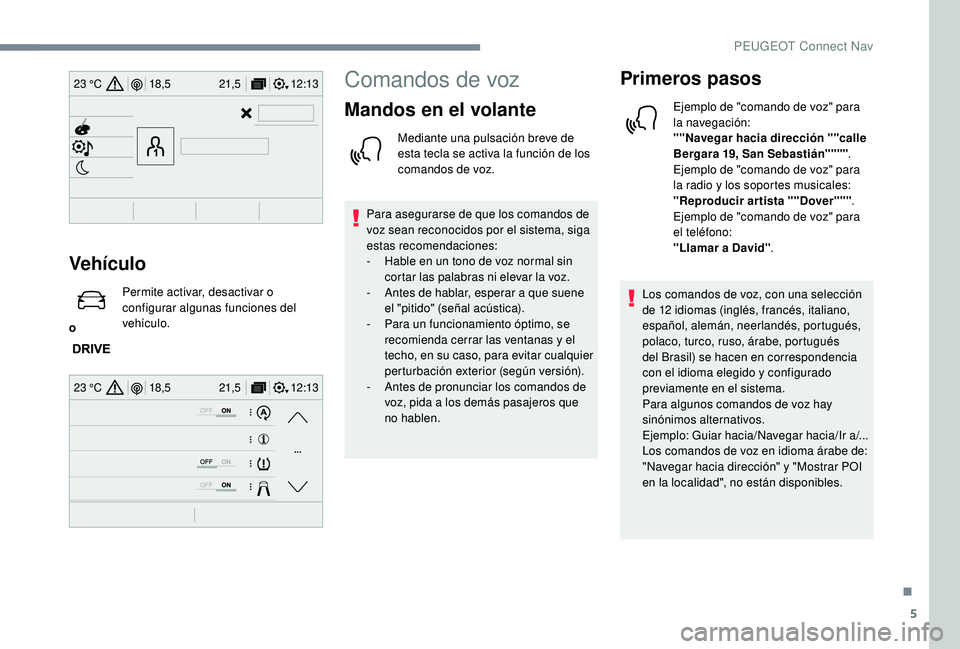 PEUGEOT 2008 2018 Manual del propietario (in Spanish) 5
12:13
18,5 21,5
23 °C
12:13
18,5 21,5
23 °C
Vehículo
o Permite activar, desactivar o
configurar algunas funciones del
vehículo.
Comandos de voz
Mandos en el volante
Mediante una pulsación bre PEUGEOT 2008 2018 Manual del propietario (in Spanish) 5
12:13
18,5 21,5
23 °C
12:13
18,5 21,5
23 °C
Vehículo
o Permite activar, desactivar o
configurar algunas funciones del
vehículo.
Comandos de voz
Mandos en el volante
Mediante una pulsación bre