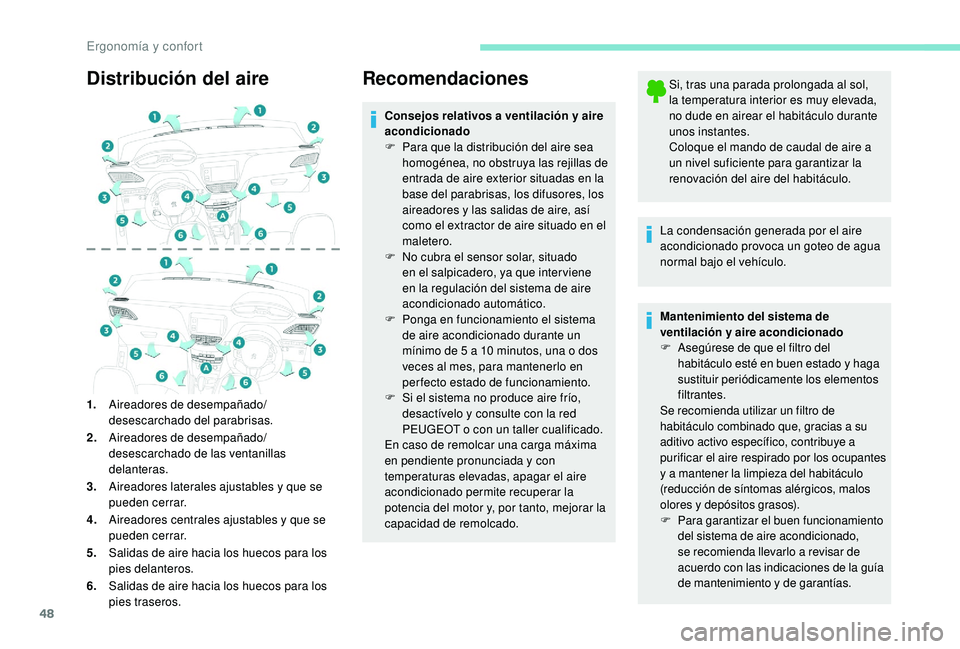 PEUGEOT 2008 2018  Manual del propietario (in Spanish) 48
Distribución del aire
1.Aireadores de desempañado/
desescarchado del parabrisas.
2. Aireadores de desempañado/
desescarchado de las ventanillas 
delanteras.
3. Aireadores laterales ajustables y 