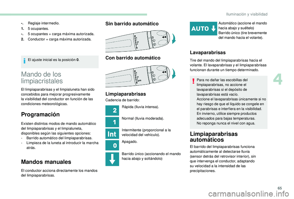 PEUGEOT 2008 2018  Manual del propietario (in Spanish) 65
-.Reglaje intermedio.
1. 5 ocupantes.
-. 5 ocupantes + carga máxima autorizada.
2. Conductor + carga máxima autorizada.
El ajuste inicial es la posición 0 .
Mando de los 
limpiacristales
El limp