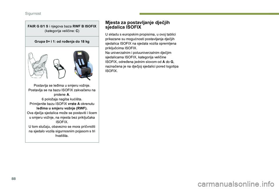 PEUGEOT 2008 2018  Upute Za Rukovanje (in Croatian) 88
Mjesta za postavljanje dječjih 
sjedalica ISOFIX
U skladu s europskim propisima, u ovoj tablici 
prikazane su mogućnosti postavljanja dječjih 
sjedalica ISOFIX na sjedala vozila opremljena 
prik