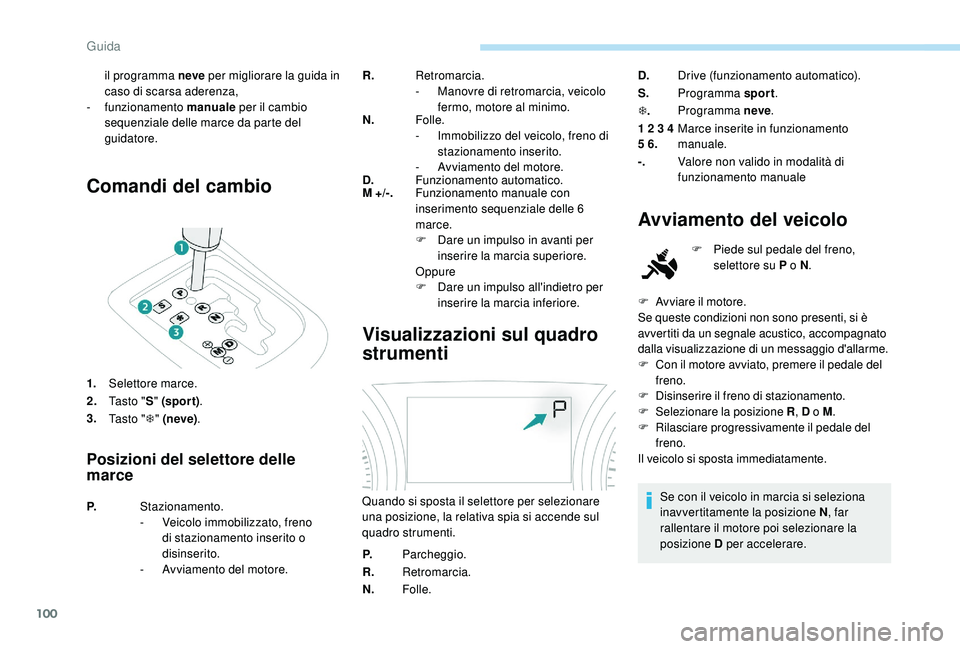 PEUGEOT 2008 2018 Manuale duso (in Italian) 100
Comandi del cambio
1.Selettore marce.
2. Ta s t o " S" (spor t) .
3. Ta s t o " T" (neve) .
Posizioni del selettore delle
marce
R. Retromarcia.
-
M anovre di retromarcia, veico PEUGEOT 2008 2018 Manuale duso (in Italian) 100
Comandi del cambio
1.Selettore marce.
2. Ta s t o " S" (spor t) .
3. Ta s t o " T" (neve) .
Posizioni del selettore delle
marce
R. Retromarcia.
-
M anovre di retromarcia, veico