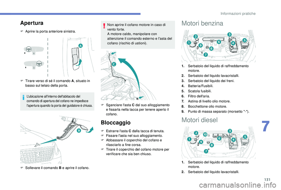 PEUGEOT 2008 2018 Manuale duso (in Italian) 131
Apertura
F Aprire la porta anteriore sinistra.
F
T
irare verso di sé il comando A , situato in
basso sul telaio della porta.
L'ubicazione all'interno dell'abitacolo del
comando di PEUGEOT 2008 2018 Manuale duso (in Italian) 131
Apertura
F Aprire la porta anteriore sinistra.
F
T
irare verso di sé il comando A , situato in
basso sul telaio della porta.
L'ubicazione all'interno dell'abitacolo del
comando di