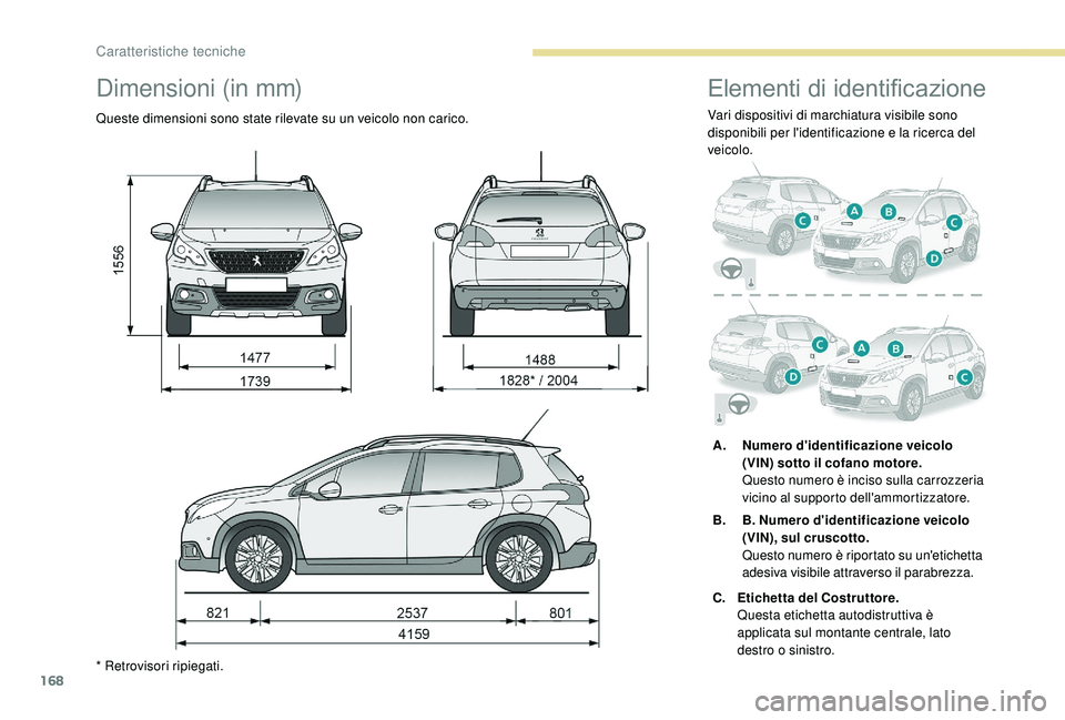 PEUGEOT 2008 2018  Manuale duso (in Italian) 168
Dimensioni (in mm)
Queste dimensioni sono state rilevate su un veicolo non carico.
* Retrovisori ripiegati.
Elementi di identificazione
Vari dispositivi di marchiatura visibile sono 
disponibili p
