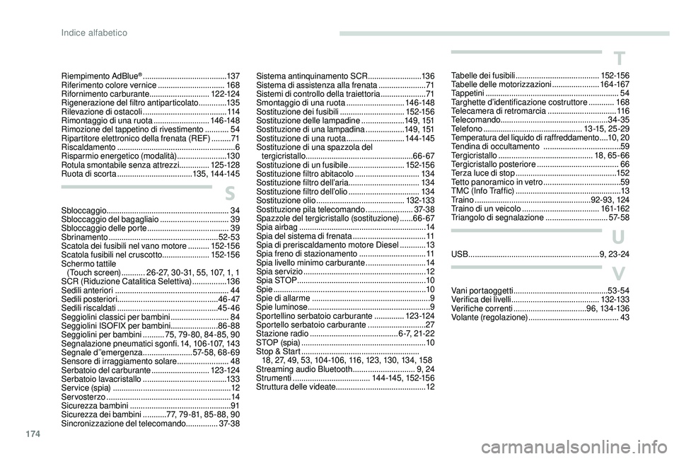 PEUGEOT 2008 2018  Manuale duso (in Italian) 174
Sistema antinquinamento SCR .........................13 6
Sistema di assistenza alla frenata   ......................71
Sistemi di controllo della traiettoria
 

.....................71
Smontaggio