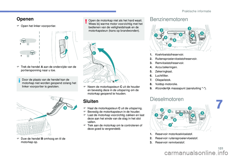 PEUGEOT 2008 2018  Instructieboekje (in Dutch) 131
Openen
F Open het linker voorportier.
F 
T
 rek de hendel A aan de onderzijde van de 
portiersponning naar u toe.
Door de plaats van de hendel kan de 
motorkap niet worden geopend zolang het 
link