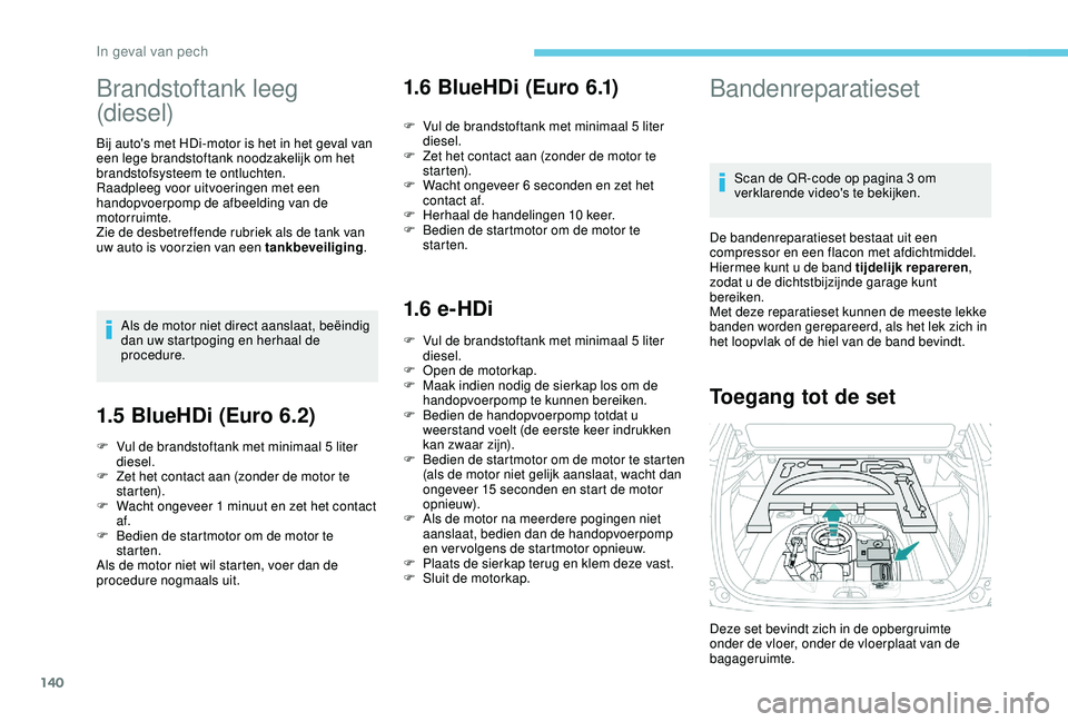 PEUGEOT 2008 2018  Instructieboekje (in Dutch) 140
Brandstoftank leeg 
(diesel)
Bij auto's met HDi-motor is het in het geval van 
een lege brandstoftank noodzakelijk om het 
brandstofsysteem te ontluchten.
Raadpleeg voor uitvoeringen met een 
