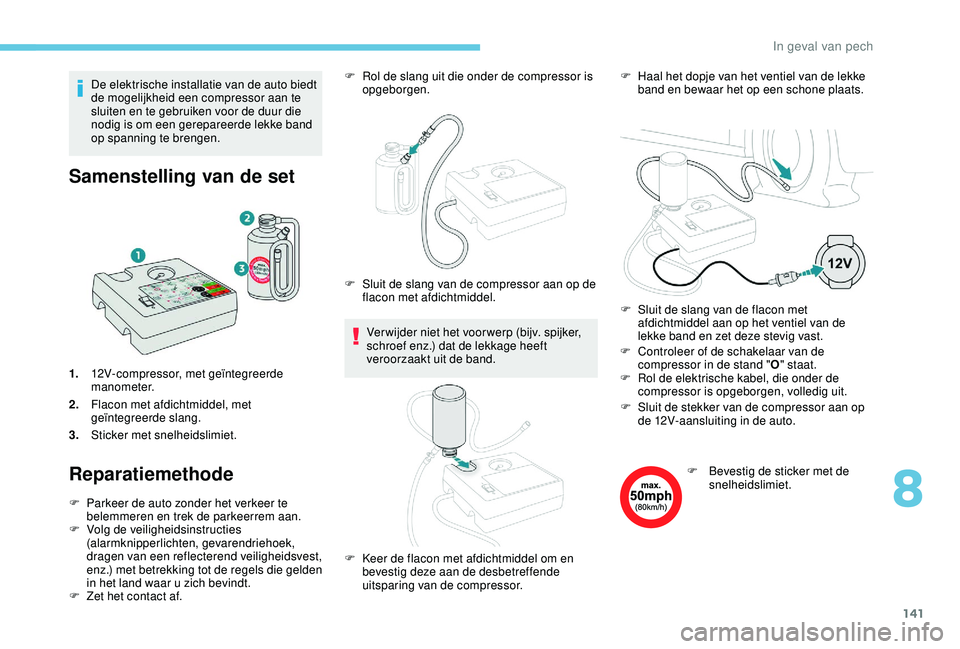 PEUGEOT 2008 2018  Instructieboekje (in Dutch) 141
De elektrische installatie van de auto biedt 
de mogelijkheid een compressor aan te 
sluiten en te gebruiken voor de duur die 
nodig is om een gerepareerde lekke band 
op spanning te brengen.
Same
