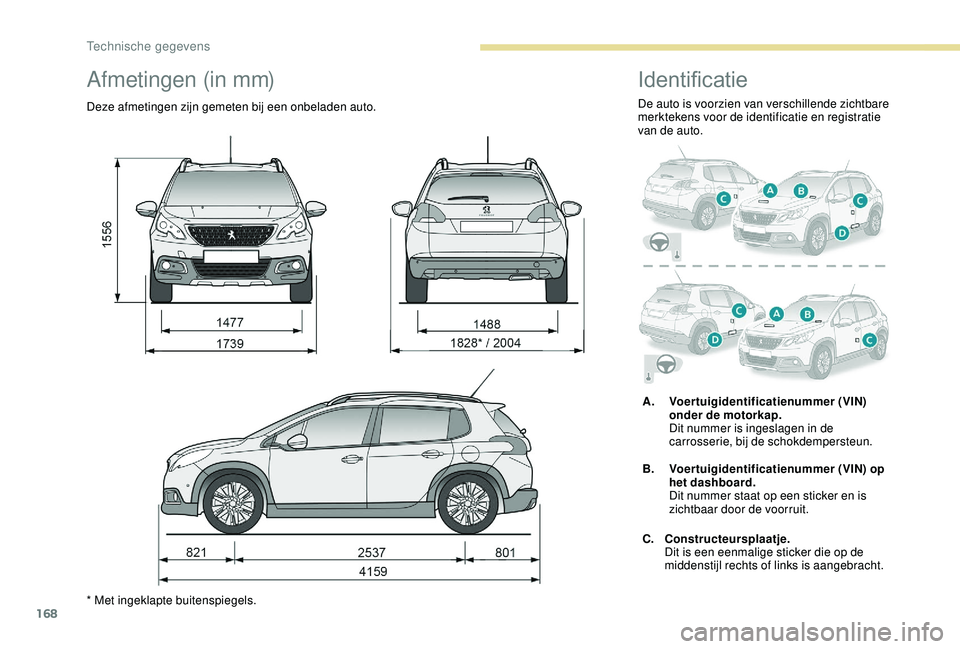 PEUGEOT 2008 2018  Instructieboekje (in Dutch) 168
Afmetingen (in mm)
Deze afmetingen zijn gemeten bij een onbeladen auto.
* Met ingeklapte buitenspiegels.
Identificatie
De auto is voorzien van verschillende zichtbare 
merktekens voor de identific