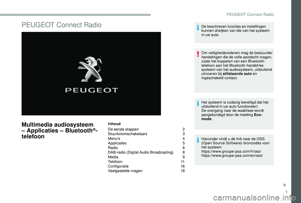 PEUGEOT 2008 2018  Instructieboekje (in Dutch) 1
PEUGEOT Connect Radio
Multimedia audiosysteem 
– Applicaties – Bluetooth®-
telefoon
Inhoud
De eerste stappen 
 
2
St

uurkolomschakelaars   
3
M

enu's   
4
A

pplicaties   
5
R

adio   
6
