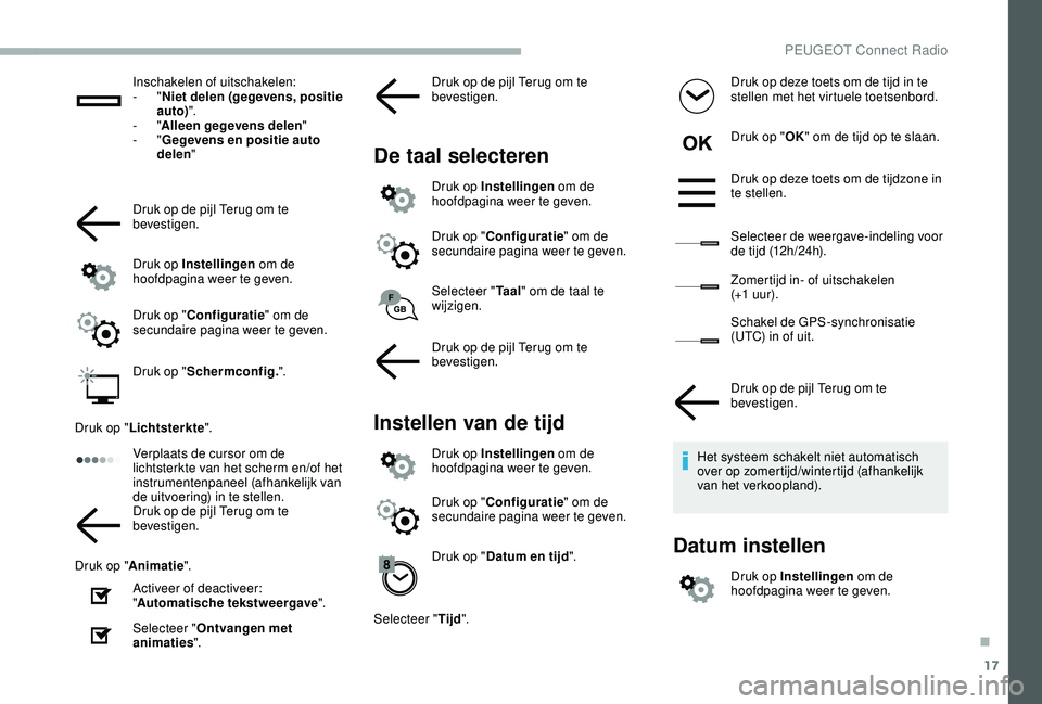 PEUGEOT 2008 2018  Instructieboekje (in Dutch) 17
Inschakelen of uitschakelen:
-  "Niet delen (gegevens, positie 
auto) ".
-
  "Alleen gegevens delen "
-
  "Gegevens en positie auto 
delen "
Druk op de pijl Terug om te 
bev