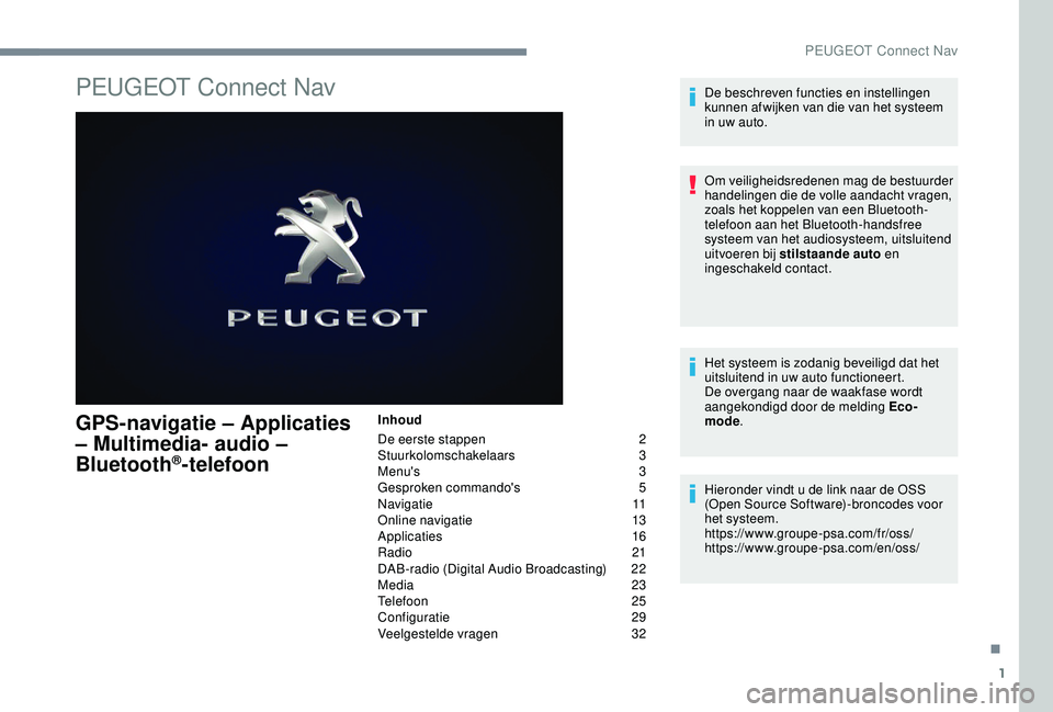 PEUGEOT 2008 2018  Instructieboekje (in Dutch) 1
PEUGEOT Connect Nav
GPS-navigatie – Applicaties 
– Multimedia- audio – 
Bluetooth
®-telefoon
Inhoud
De eerste stappen  
2
St

uurkolomschakelaars   
3
M

enu's   
3
G

esproken commando&#