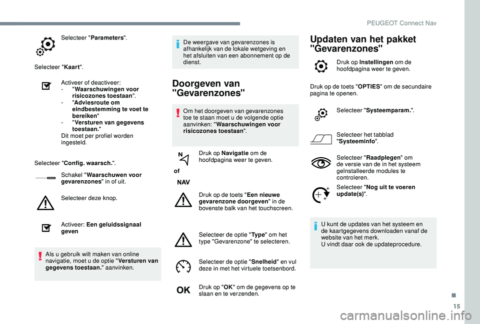 PEUGEOT 2008 2018  Instructieboekje (in Dutch) 15
Selecteer "Parameters ".
Selecteer " Kaart".
Activeer of deactiveer:
-
  "Waarschuwingen voor 
risicozones toestaan ".
-
  "Adviesroute om 
eindbestemming te voet te 
be