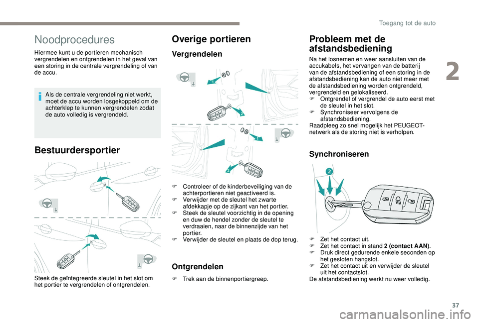 PEUGEOT 2008 2018  Instructieboekje (in Dutch) 37
Noodprocedures
Hiermee kunt u de portieren mechanisch 
vergrendelen en ontgrendelen in het geval van 
een storing in de centrale vergrendeling of van 
de accu.Als de centrale vergrendeling niet wer