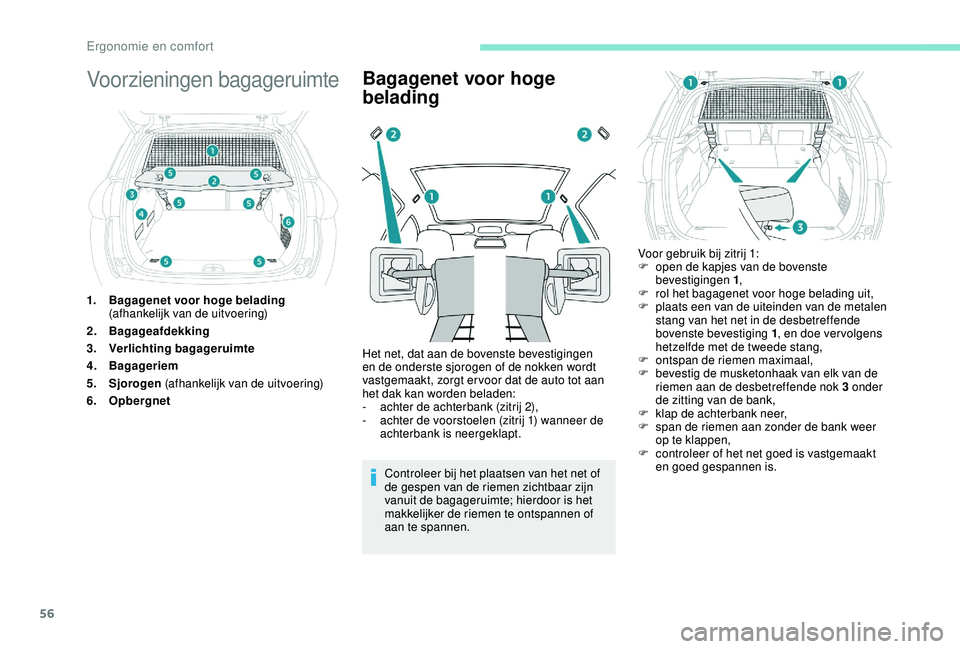 PEUGEOT 2008 2018  Instructieboekje (in Dutch) 56
Voorzieningen bagageruimte
1.Bagagenet voor hoge belading  
(afhankelijk van de uitvoering)
2. Bagageafdekking
3. Verlichting bagageruimte
4. Bagageriem
5. Sjorogen  (afhankelijk van de uitvoering)