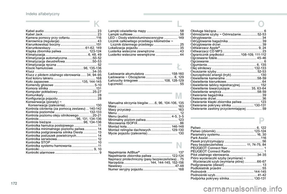 PEUGEOT 2008 2018 Instrukcja obsługi (in Polish) 172
K
Kabel audio ..........................................................23
Kabel Jack............................................................ 23
Kamera pomocy przy cofaniu
.................. PEUGEOT 2008 2018 Instrukcja obsługi (in Polish) 172
K
Kabel audio ..........................................................23
Kabel Jack............................................................ 23
Kamera pomocy przy cofaniu
..................